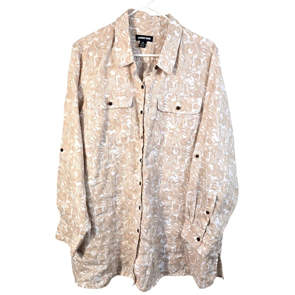 Lands End Blouse Women's 2X Tan White Linen Tropical Palm Coastal Summer Beachy